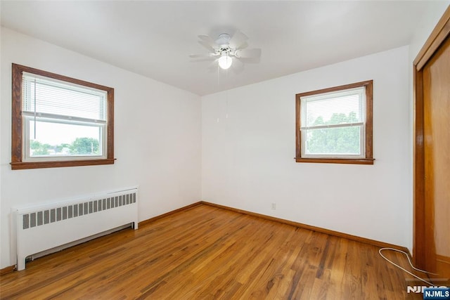 interior space featuring baseboards, multiple windows, radiator, and light wood-style flooring