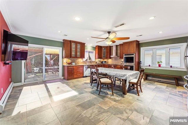 dining space featuring ceiling fan, visible vents, a baseboard heating unit, and ornamental molding