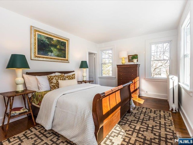 bedroom with baseboards, multiple windows, radiator, and wood finished floors