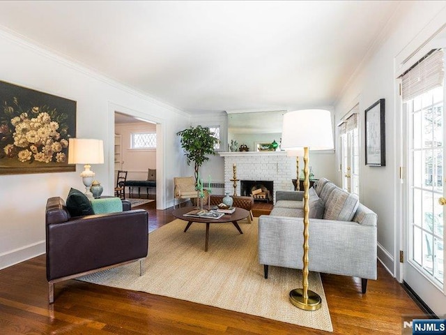 living area featuring a fireplace, crown molding, wood finished floors, and baseboards