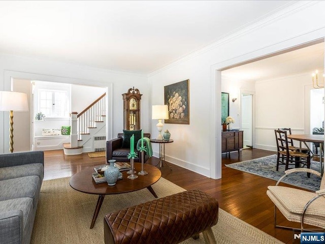 living area featuring wood finished floors, stairway, radiator, crown molding, and baseboards