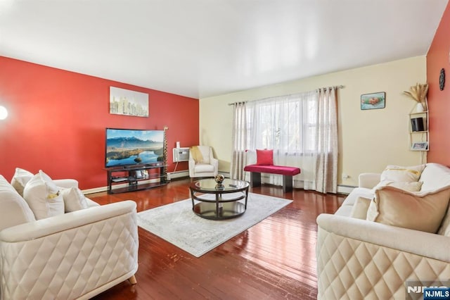 living area featuring a baseboard radiator and wood finished floors