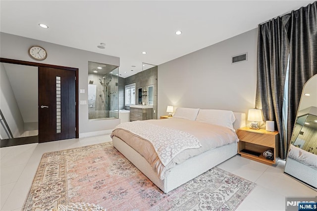 tiled bedroom with recessed lighting and visible vents