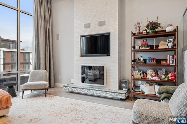 living room featuring baseboards and a fireplace