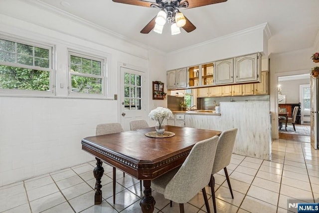 274 Ridgewood, Glen Ridge, NJ 07028 - dining room with light tile patterned floors, ornamental molding, and ceiling fan