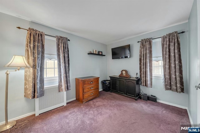 interior space with baseboards, carpet floors, and radiator heating unit