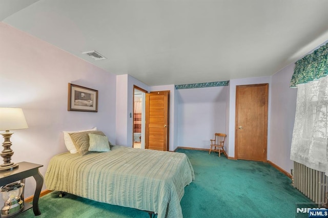 bedroom with baseboards, visible vents, and carpet floors