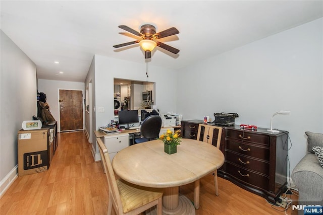 home office with recessed lighting, a ceiling fan, light wood-style floors, and baseboards