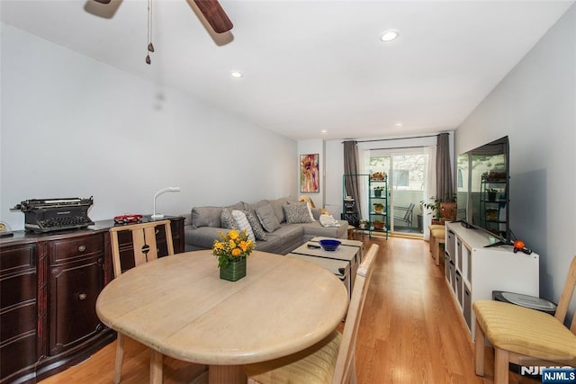 dining space featuring recessed lighting, a ceiling fan, and light wood-type flooring