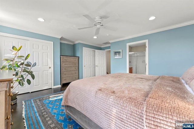 bedroom featuring recessed lighting, multiple closets, and ornamental molding