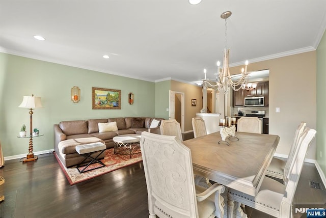 dining space with a notable chandelier, recessed lighting, crown molding, baseboards, and dark wood-style flooring