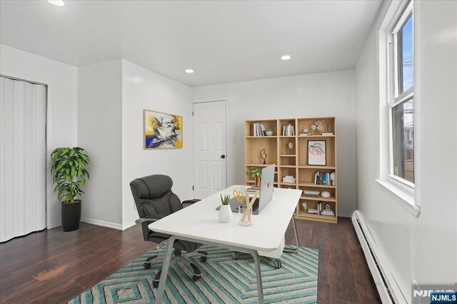 627 Montgomery, Elizabeth, NJ 07202 - office area featuring dark wood-type flooring, recessed lighting, baseboards, and baseboard heating