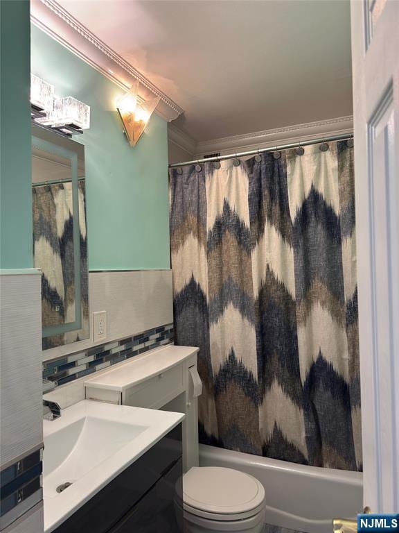2077 Center Ave Unit 20F, Fort Lee, NJ 07024 - bathroom featuring decorative backsplash, toilet, vanity, and shower / tub combo