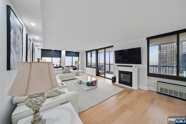 living room with a glass covered fireplace, wood finished floors, radiator heating unit, recessed lighting, and baseboards