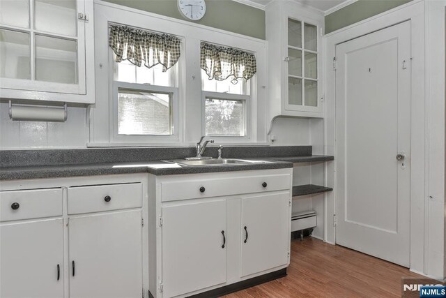 33 Bergen Ave, Waldwick, NJ 07463 - kitchen featuring a sink, wood finished floors, dark countertops, and white cabinets