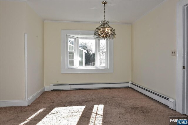 33 Bergen Ave, Waldwick, NJ 07463 - interior space with a baseboard heating unit, a notable chandelier, baseboards, and ornamental molding