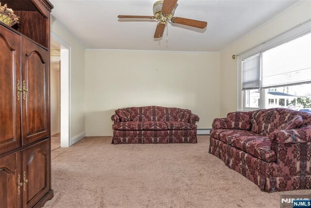 33 Bergen Ave, Waldwick, NJ 07463 - living room with light colored carpet, ceiling fan, and crown molding