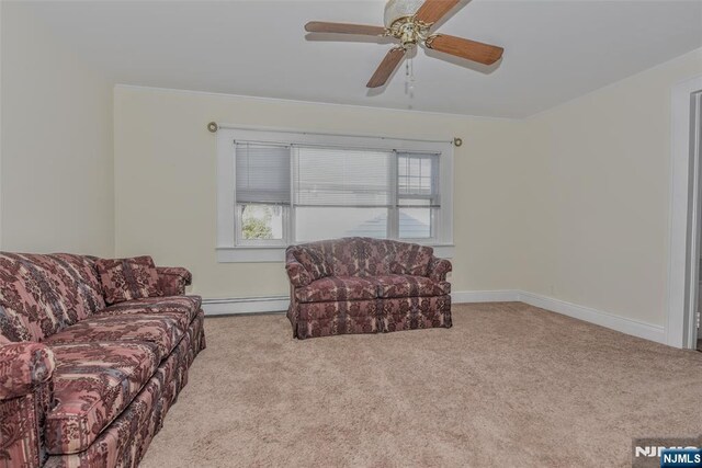 33 Bergen Ave, Waldwick, NJ 07463 - living area with a baseboard heating unit, baseboards, carpet, and ceiling fan