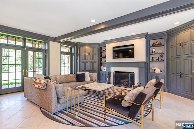 living area featuring french doors, crown molding, a fireplace, light tile patterned floors, and beamed ceiling