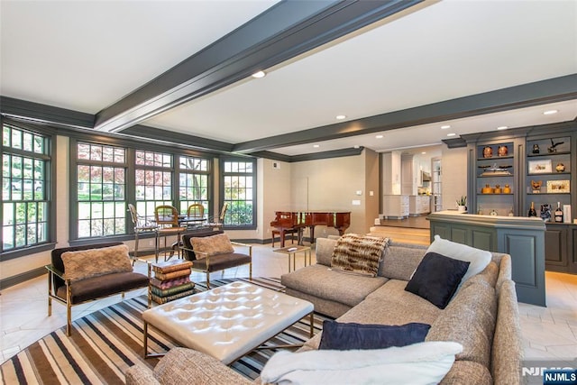 living area with recessed lighting, ornamental molding, and beam ceiling