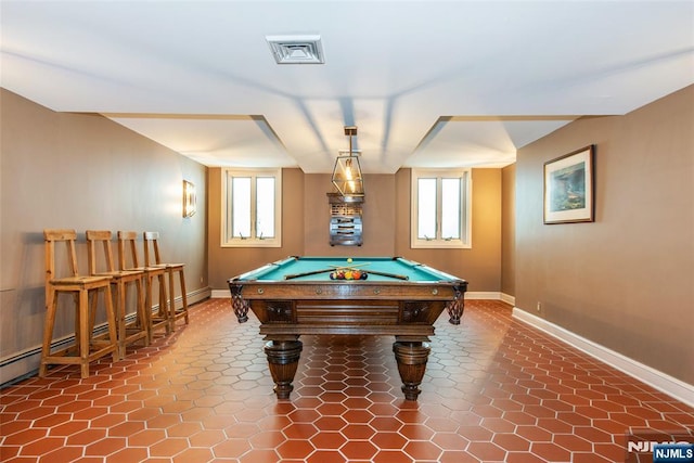 rec room featuring pool table, baseboards, and visible vents