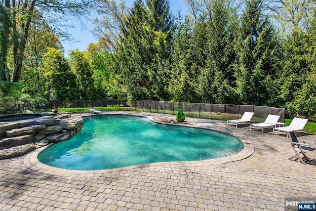 view of swimming pool featuring a patio, fence, and a fenced in pool