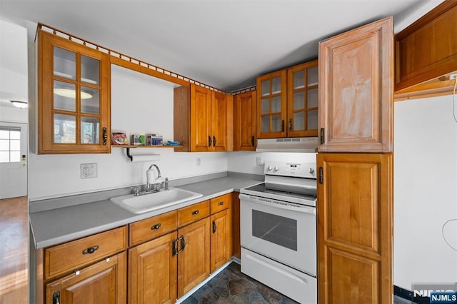 kitchen with a sink, under cabinet range hood, white range with electric stovetop, brown cabinetry, and glass insert cabinets