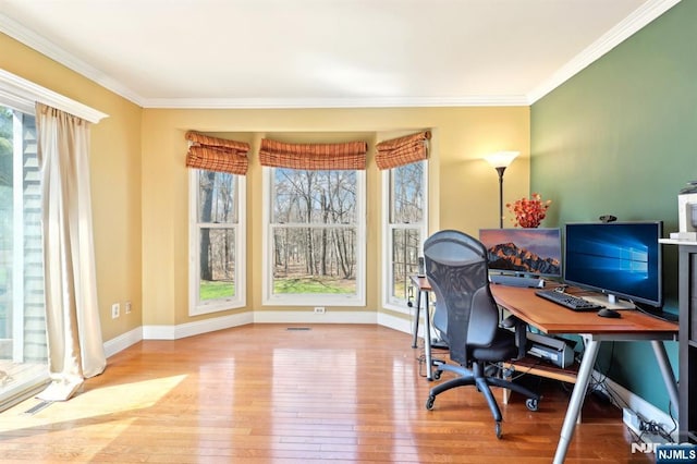 office featuring baseboards, crown molding, and hardwood / wood-style floors