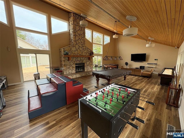 recreation room with pool table, high vaulted ceiling, wood finished floors, and wood ceiling