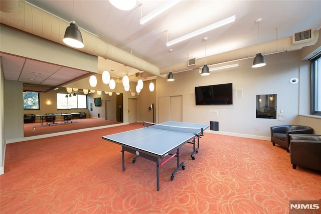 playroom with baseboards, carpet flooring, pool table, and visible vents