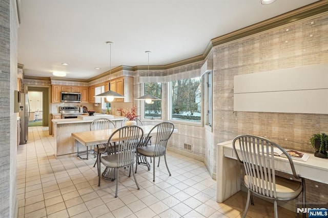 dining room with light tile patterned flooring, visible vents, crown molding, and recessed lighting