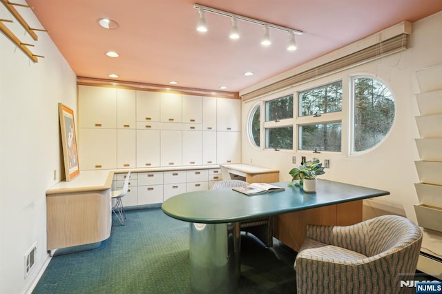 office area with visible vents, built in desk, dark carpet, and recessed lighting