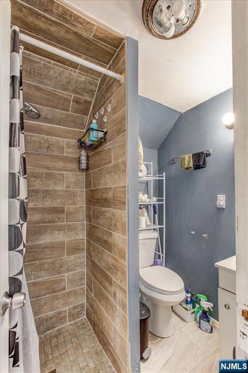 162 Summer St, Orange, NJ 07050 - bathroom with toilet, a tile shower, vanity, and lofted ceiling