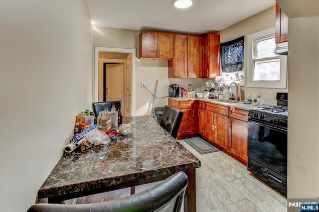 162 Summer St, Orange, NJ 07050 - kitchen featuring brown cabinetry, under cabinet range hood, a sink, and black gas range