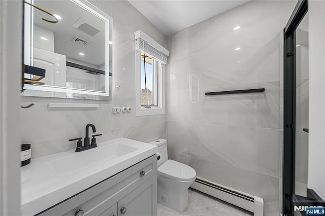 bathroom with walk in shower, visible vents, toilet, tile walls, and a baseboard heating unit