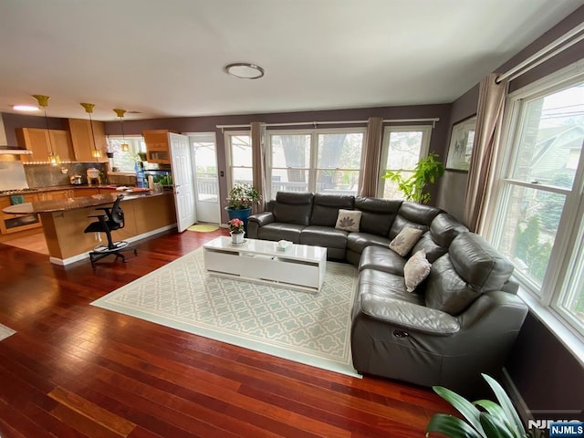 living area with a healthy amount of sunlight and dark wood-style floors