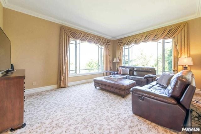 16 Shinnecock Trl, Franklin Lakes, NJ 07417 - carpeted living room with baseboards, ornamental molding, and a healthy amount of sunlight