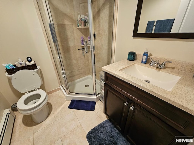 bathroom with tile patterned floors, baseboard heating, a stall shower, and toilet