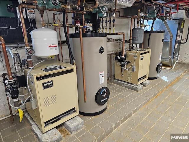 utility room featuring water heater, heating unit, and a heating unit