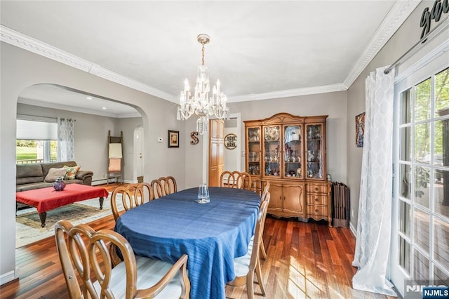 dining room featuring arched walkways, radiator heating unit, a wealth of natural light, and hardwood / wood-style floors