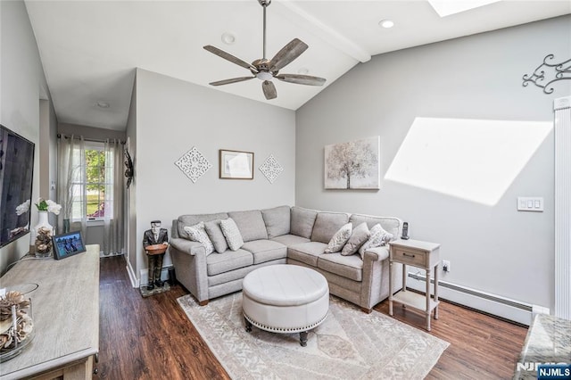 living area with dark wood-style flooring, ceiling fan, lofted ceiling with beams, and a baseboard radiator