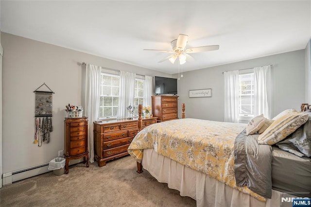 bedroom with a ceiling fan, a baseboard heating unit, and carpet