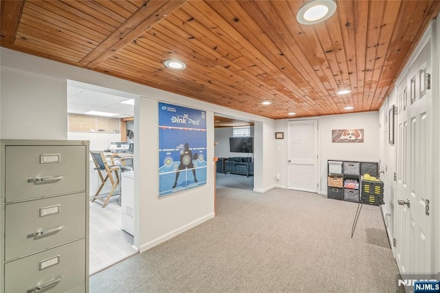 interior space with wood ceiling, baseboards, recessed lighting, and carpet floors