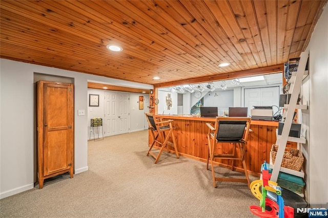 home office with wood ceiling, light carpet, indoor bar, and recessed lighting