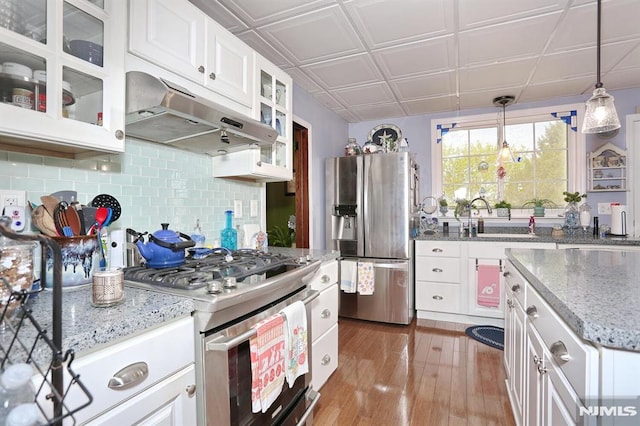 kitchen with hanging light fixtures, a sink, decorative backsplash, stainless steel appliances, and under cabinet range hood