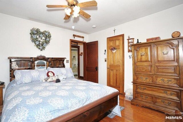 bedroom with a ceiling fan and wood finished floors