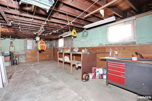 basement with a workshop area and electric panel