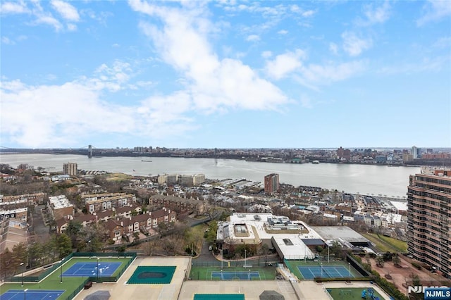 drone / aerial view with a water view and a view of city