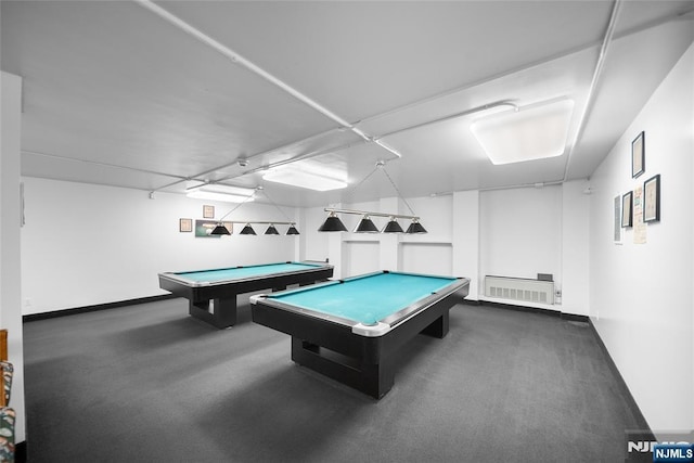 recreation room with carpet, baseboards, and pool table