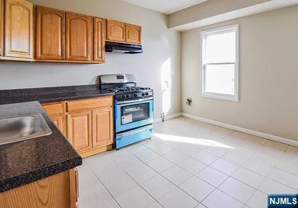 kitchen featuring baseboards, under cabinet range hood, stainless steel gas range oven, and a sink